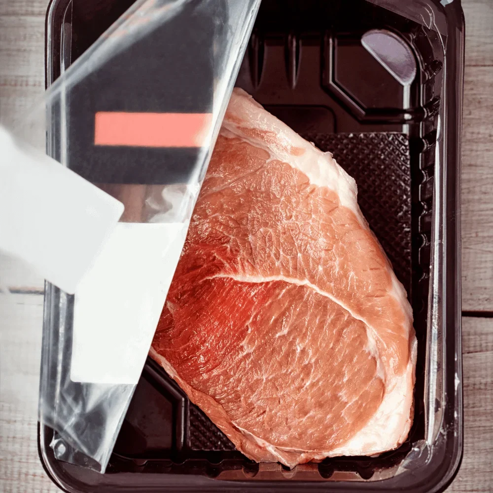 Vasca in plastica con fetta di carne
